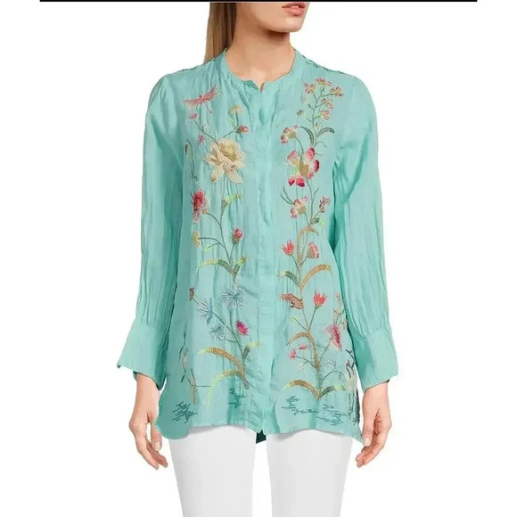 Johnny Was Tops - Johnny Was Geniveve Split V-Neck Long Sleeve Embroidered Tunic size L NWT Boho
